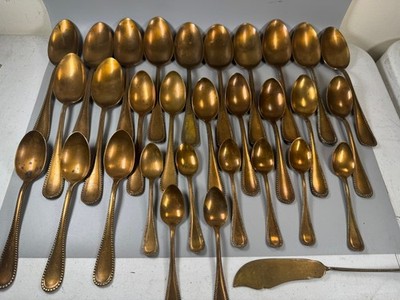 VTG Nevada Gold Metal Flatware Set 31 pcs Brass Spoons & Knife Patina 1930-50ss