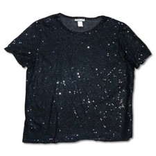 80s Vintage Notations Sheer Sequin Short Sleeved Top size L