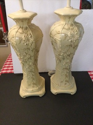 Vintage Pair Of Chinoiserie Glazed Porcelain Lamps With Faux Bamboo 36  H.