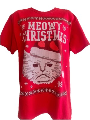 Cat Meowy Christmas Holiday T-Shirt Medium Women Clothing Collectible Pet