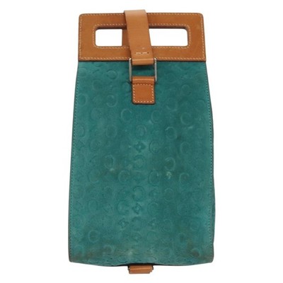 CELINE C Macadam Canvas Shoulder Bag Suede Turquoise Blue Silver