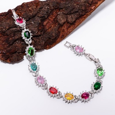 Multi Sapphire -Simulated, CZ 925 Sterling Silver Adjustable Bracelet 7-8'' B233