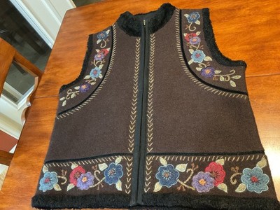 ICELANDIC DESIGN Brown  100% Wool Vest Lined W/ Embroidered Floral Accents Sz L