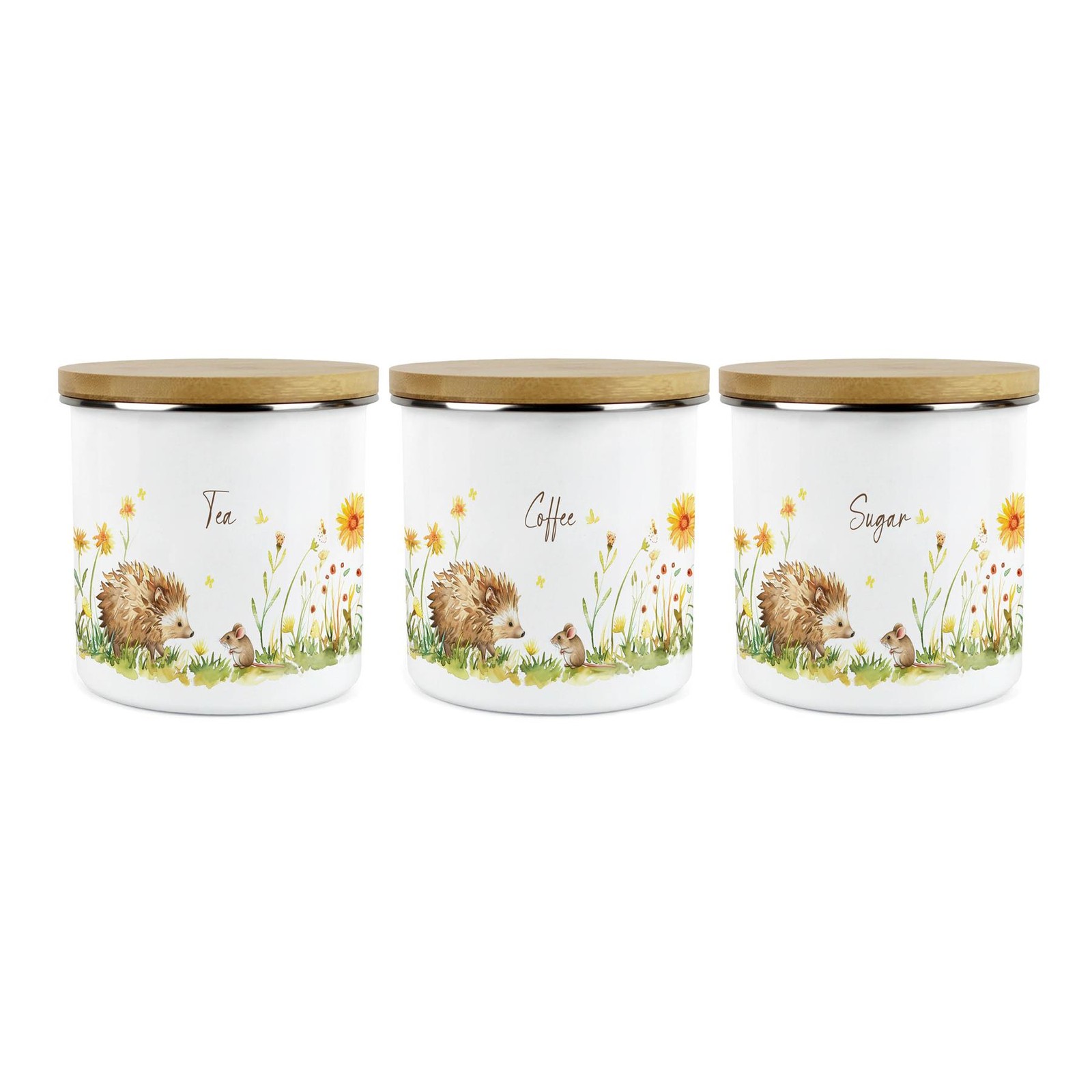 Hedgehog & Mouse Tea Coffee Sugar Canister Set - 1.2L Enamel Kitchen Gifts