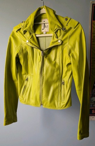 jkt NYC Women’s Lime Green Leather Biker Jacket Zip Front Pockets Size S