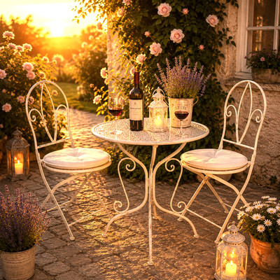 3pc Table & 2 Chairs, Bistro Set Seating Metal Country Style Garden Balcony
