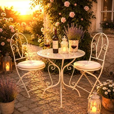 3tlg Tisch & 2 Stühle, Bistro Set Sitzgruppe Metall Landhausstil Garten Balkon - Bild 1 von 4