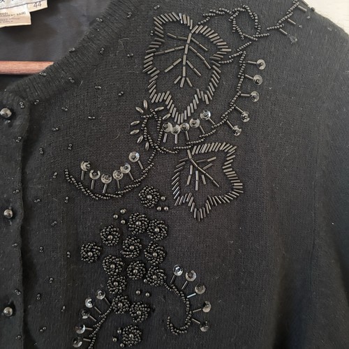 Vintage Lambswool Angora Cardigan Womens 44 Beaded Black Sweater Dark Romantic - Picture 8 of 14
