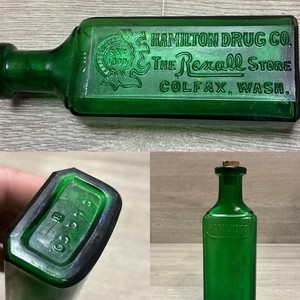 GREEN Hamilton Drug Co. Rexall Store Bottle Colfax, Washington