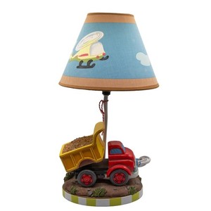 Kids Construction Dump Truck Table Lamp with Helicopter Shade Nursery Decor 16in