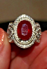 STS Karis 10mm Ruby Oval and Diamond Pave 925 Silver Ring, Size 8