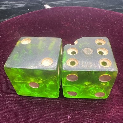 Vintage 1-1/2'' Bakelite Oversized Dice Pair - Translucent Green Apple Damaged