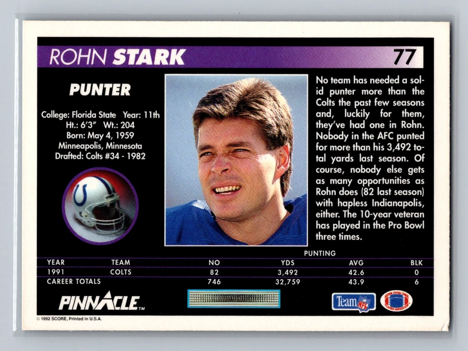 1992 Pinnacle - Rohn Stark #77 - Image 2 of 2