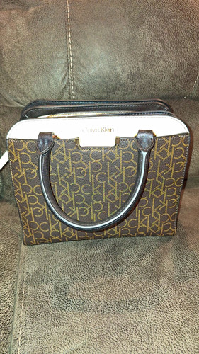 Calvin Klein Monogram Satchel Top Handle Top Zip Detachable Strap Brown/White