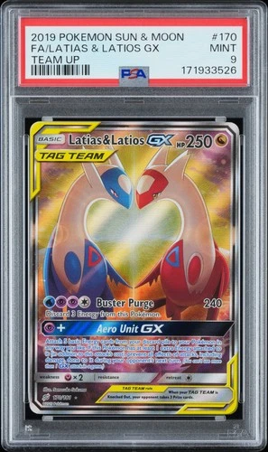 2019 POKEMON SUN & MOON TEAM UP #170 FULL ART/LATIAS & LATIOS GX PSA 9