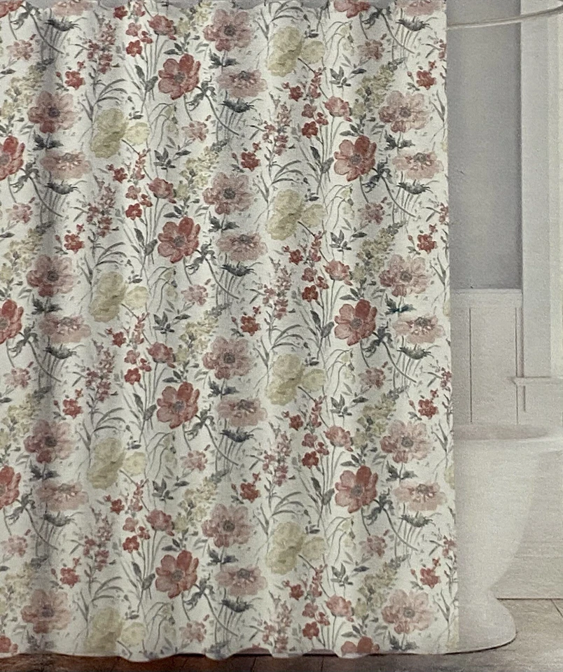Cortina de Ducha Field Of Flowers Rosa Floral Tela Damasco 100% Algodón Foto 2 de 2