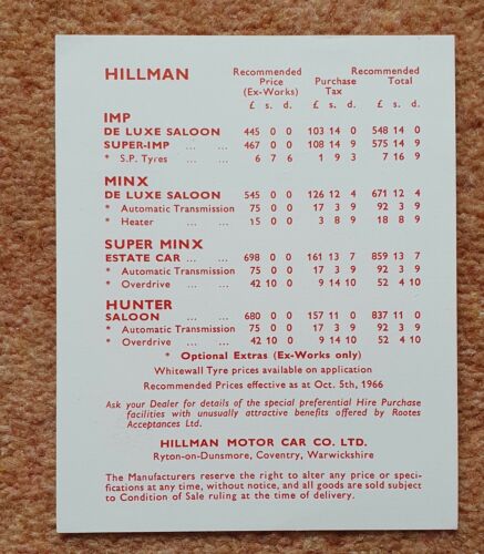 Hillman Preisliste - Oktober 1966 - Bild 1 von 1