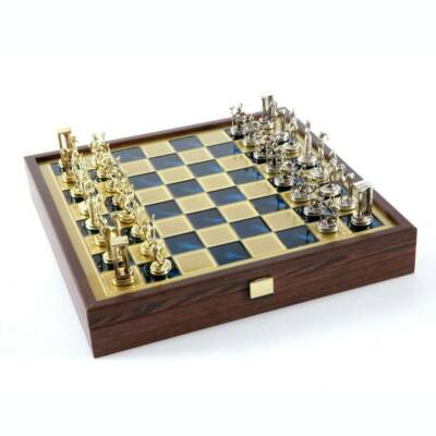 Manopoulos Minoan Period Chess Set - Brass Nickel Pawns - Blue Wooden case Board