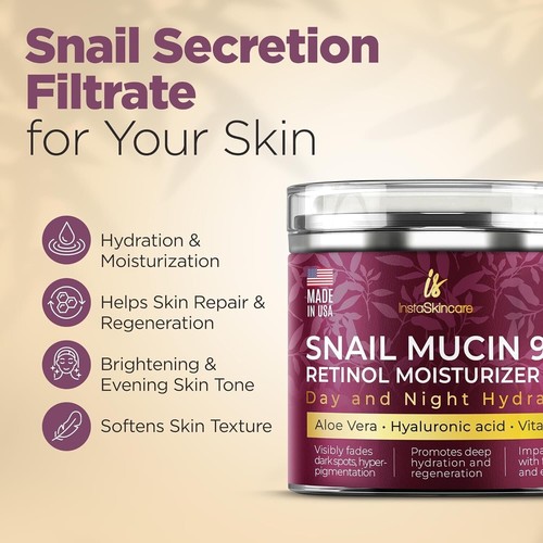 InstaSkincare Snail Mucin Retinol Moisturizer Cream Day &Night Moisturiser 1.7oz - 第 2/6 張圖片