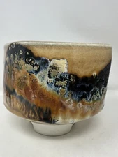 Beautiful Phil Mayhew Pottery Asymmetrical Textured Bowl Signed Earthtones Blues