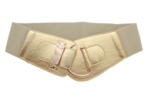 Mujer Elástico Ancho Dorado Color Cinturón Metal Hebilla Fin Fiesta Fit Size S M - Imagen 2 de 12