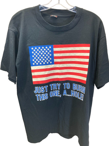 VTG 80s American Flag Try To Burn This One A*hole T-Shirt USA Sz L Single Stitch