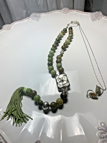 Handmade Green Jade Lapis Agate & Crystal  Prayer Beaded Buddha Necklace Bolo - Afbeelding 1 van 16