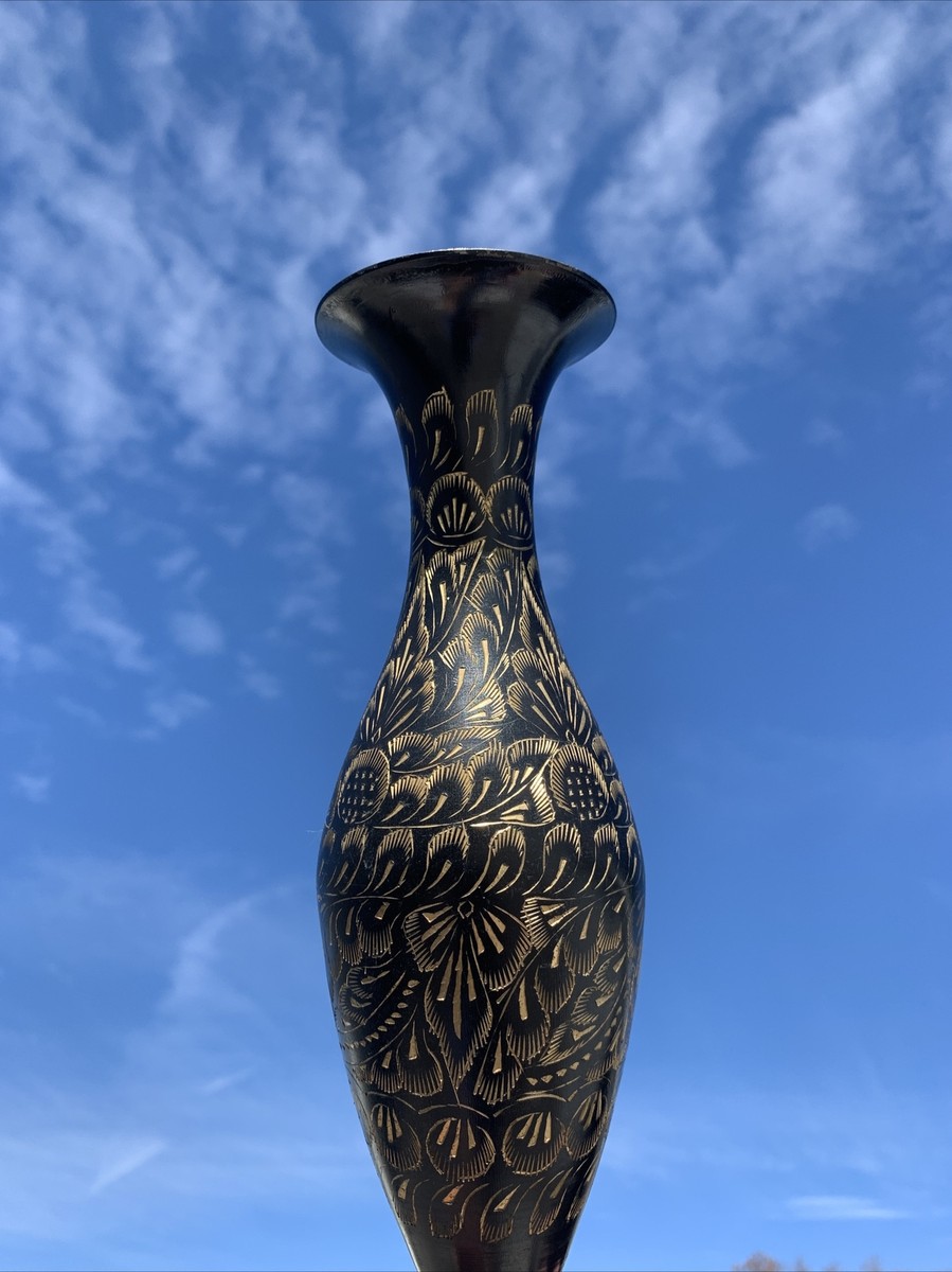 Vintage Made in India Brass on Black Flower Bud Vase Etched