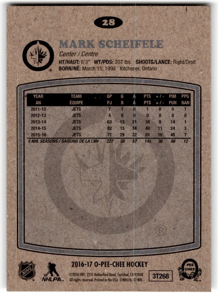 Mark Scheifele 2016-17 O-Pee-Chee Retro #28 Winnipeg Jets - Image 2 of 2