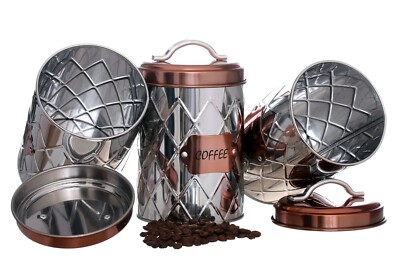 Retro Vintage Copper & Stainless Steel Tea Coffee Sugar Canisters Set - Airtight Lids (3 Jars) 5 thumbnail image