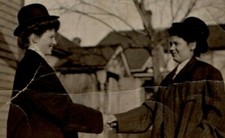 2 Women Handshake Mary Lewis Anna Li Clair Winter Bowler Hat B&W RPPC VINTAGE