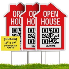 3-Pack Open House Signs 12x17" Double Sided Plastic Real Estate Metal Stakes