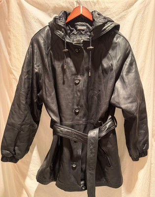 EXPRESS SIZE LARGE Black Leather Belted Button Up Hooded Lined Tinsulate Jacket