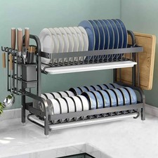2 Tier Dish Drainer Rack with Drip Tray Cutlery Holder Plate Rack Kitchen Sink
