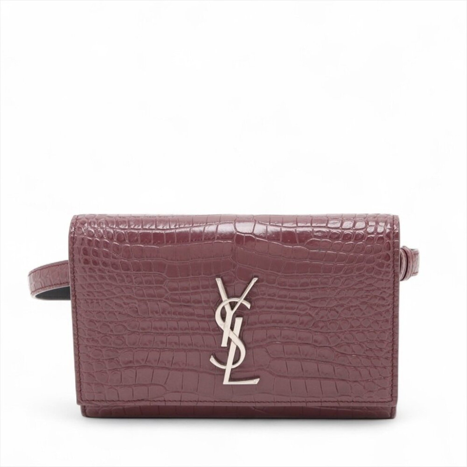 Saint Laurent Crocodile-Embossed Monogram Kate Belt Bag in Burgundy Calfskin