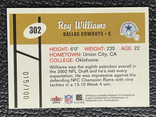 🔥ROY WILLIAMS 2002 FLEER PLATINUM GOLD FINISH ROOKIE REFRACTOR /100!🔥COWBOYS! - Picture 2 of 2