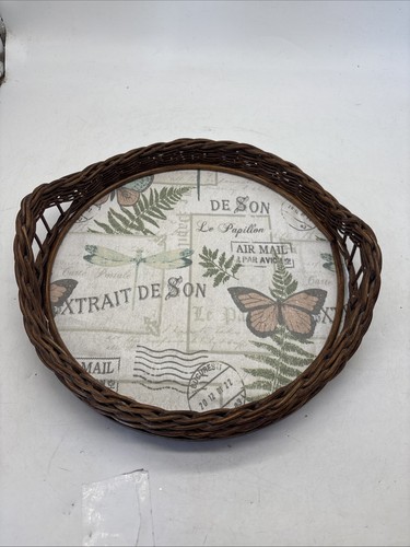 Vintage Wicker & Wood Round Serving Tray 13” W Handles Rustic Cottage
