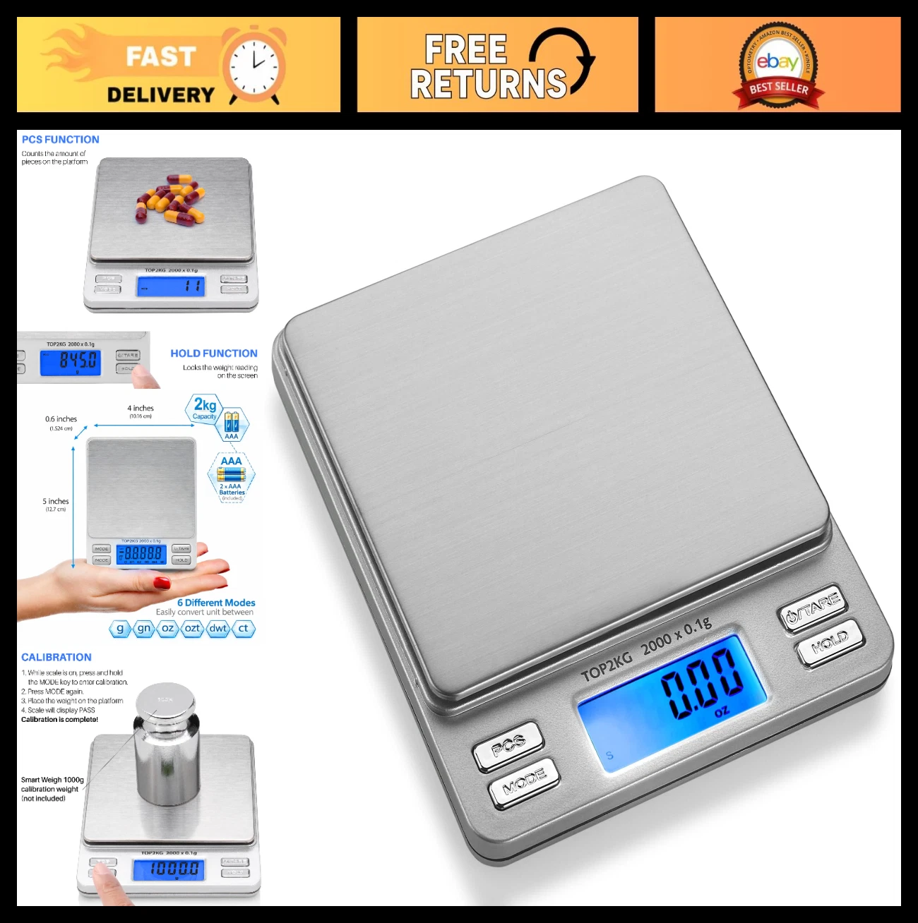 Digital Pocket Scale 2000g x 0.1g Precision LCD Display, 6 Units, Hold & Count,