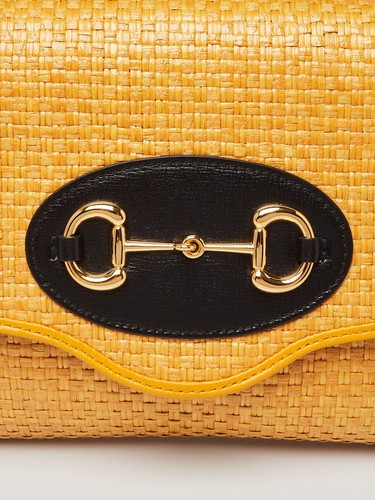 Gucci Schultertasche gelb/schwarz Raffia/Leder Horsebit 1955 kleine Kette - Bild 5 von 10