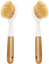 2 Pack Kitchen Dish Brush Bamboo Handle Scrubber Built-in Multicolor 