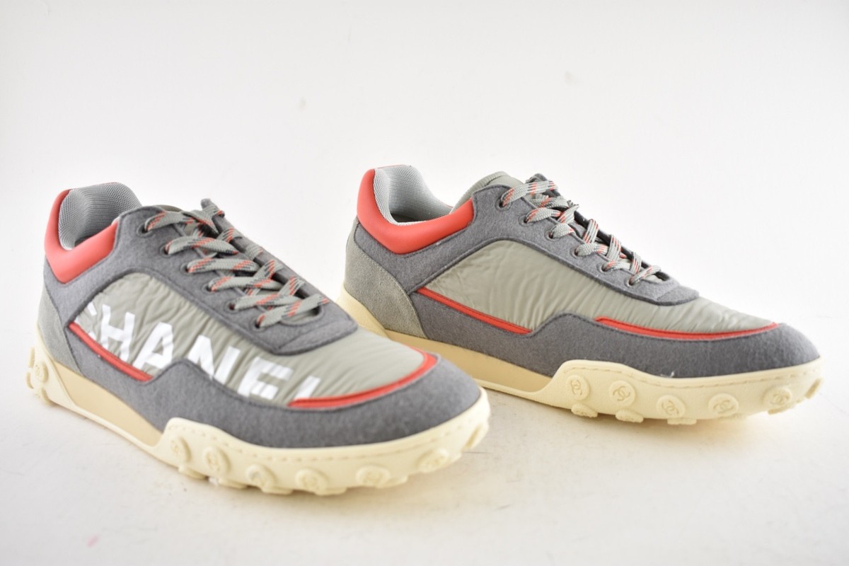 Chanel Mens 18K Grey Orange Nylon CC Logo Lace Up Low Top Trainer