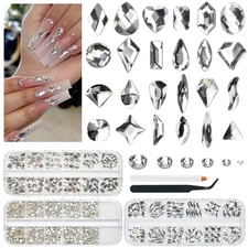 3 Boxes Clear Silver Nail Rhinestones 240 Multi-Shapes Crystal White Big Gems St