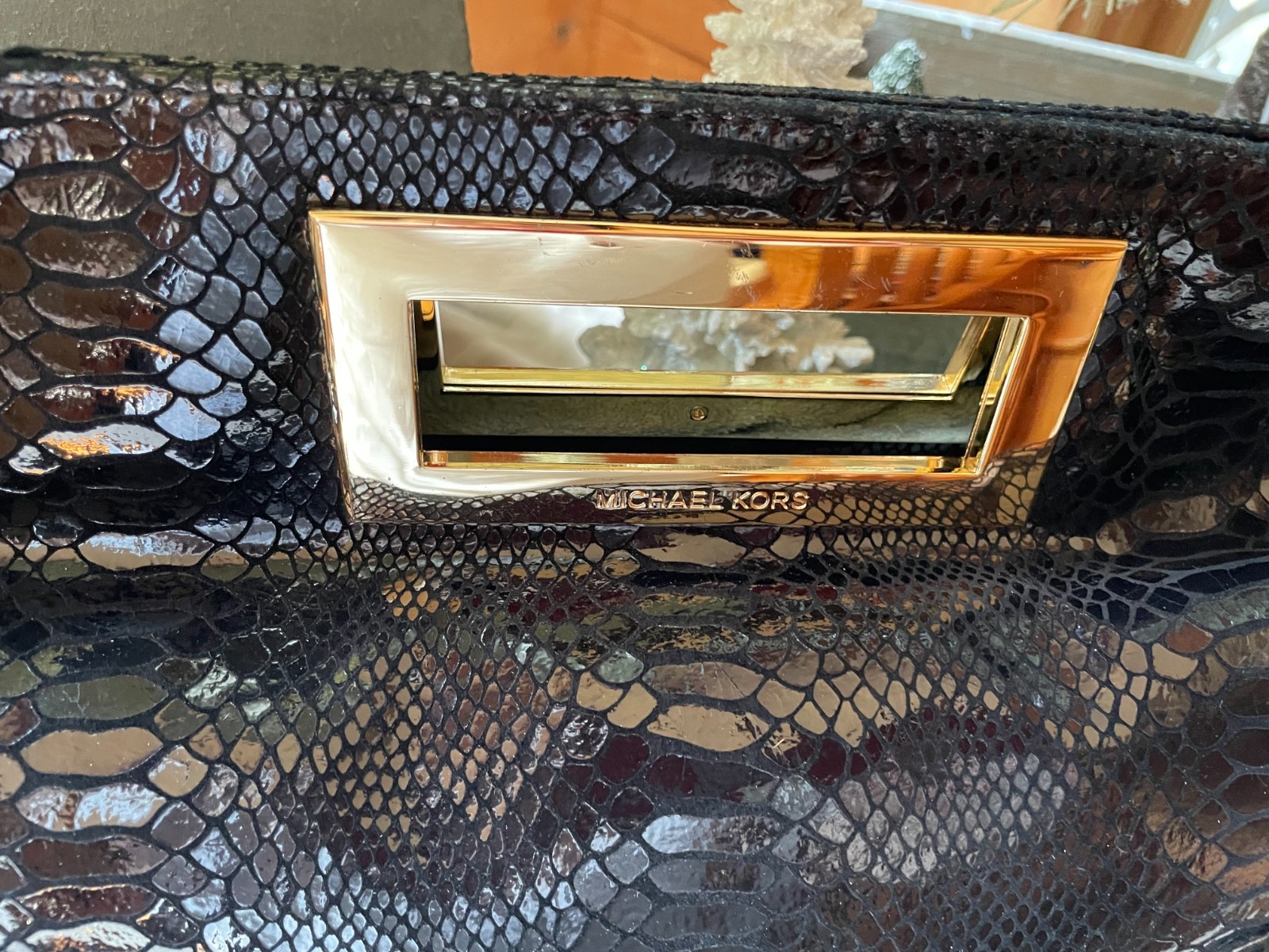 LARGE MICHAEL KORS BLACK LEATHER  PYTHON  CLUTCH/… - image 2