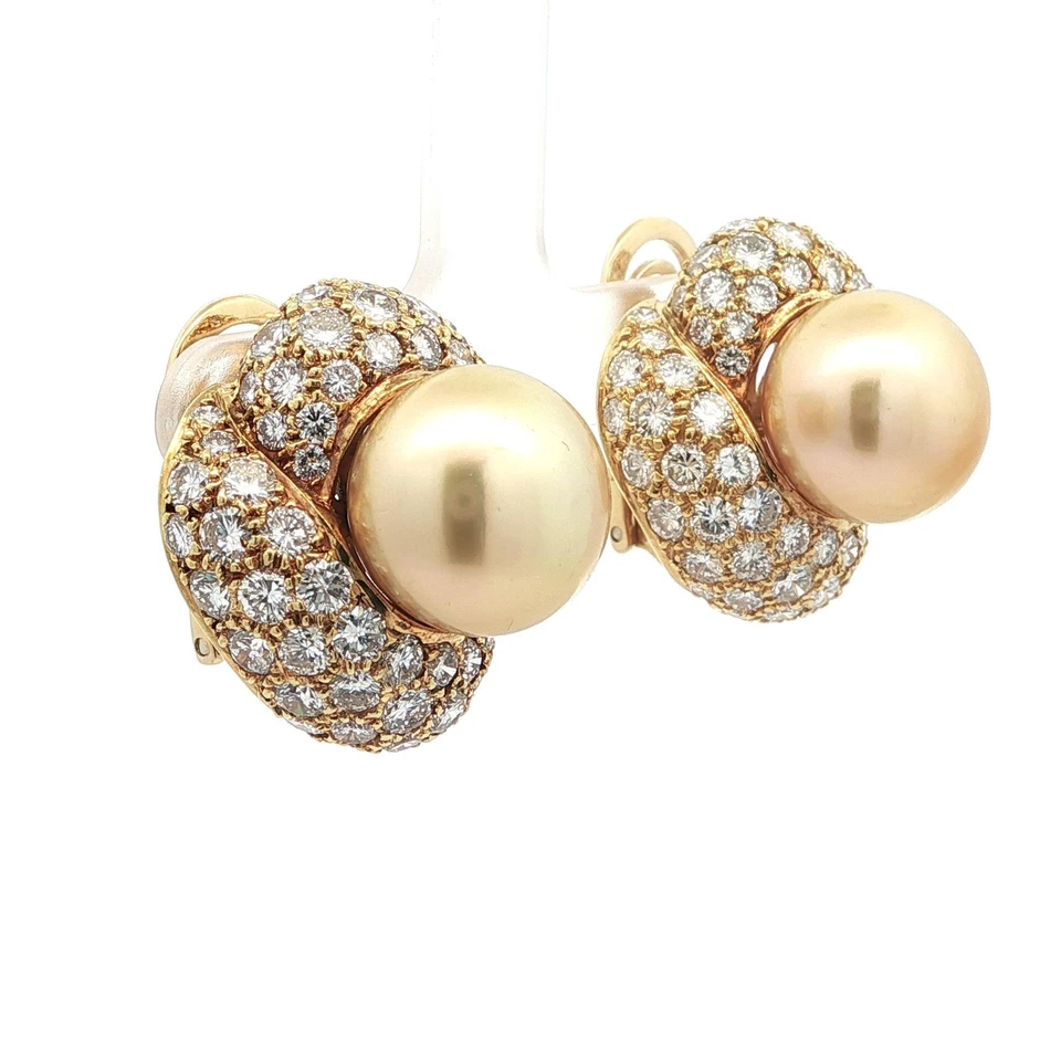 Vintage Yellow Gold 13.2mm Golden Pearl 7.0ctw Diamond Knot Clip On Earrings - Image 2 of 4