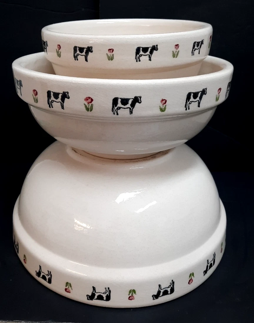 VTG CSI Santa Ana CA CROCK SHOP 3 Pc Mixing Bowl Set Cow & Tulip FARMHOUSE