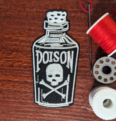 Poison Bottle Goth Patch Skull Crossbones Punk Emo  Embroidered Iron On 3x1.5''