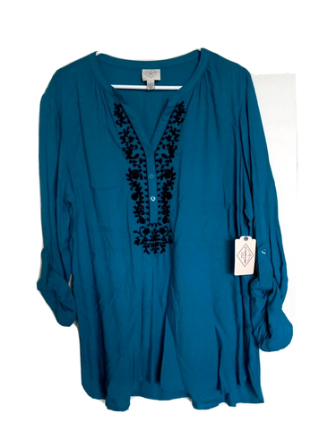St. Johns Bay Women's Boho Tunic Blouse Size L Teal Embroidered V-Neck NEW - 第 1/3 張圖片
