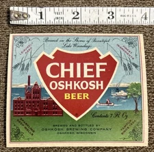VINTAGE CHIEF OSHKOSH 7 OZ. BEER BOTTLE LABEL, OSHKOSH BREWING CO., OSHKOSH, WI.