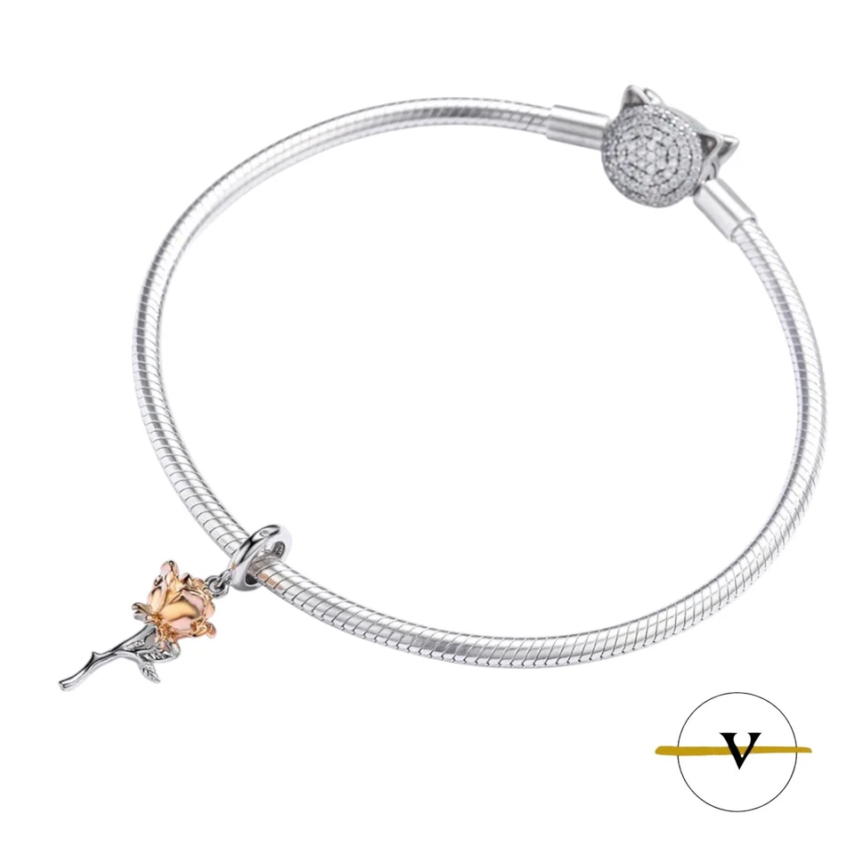 CHARM DONNA ROSA ARGENTO 925 rod ORO ROSA PLATINO ZIRCONE - ViP modello PANDORA - Immagine 4 di 4