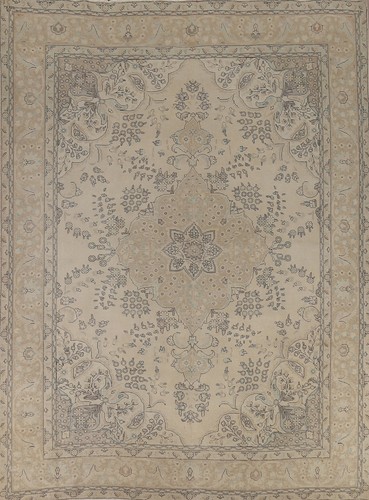 Vintage Traditional Ivory/ Beige Handmade Wool Tebriz Room Size Area Rug 10x12
